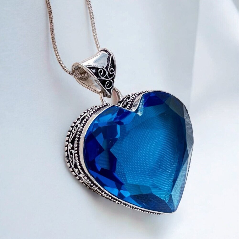 925 Sterling Silver London Blue Topaz Heart Necklace Gemstone Jewelry Womens 2”